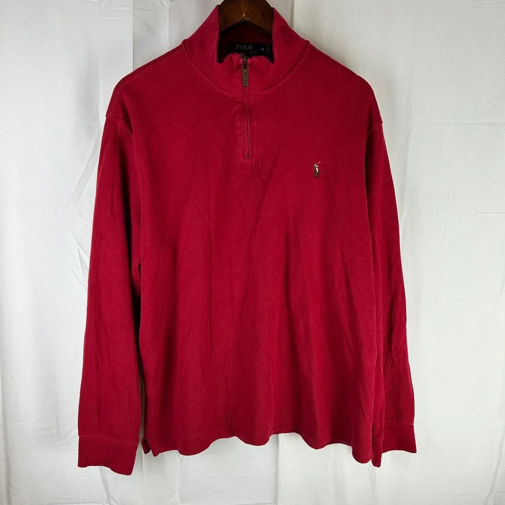 Polo Ralph Lauren Mens Red Cotton Estate‎ Rib Quarter Zip Pullover Sweatshirt XL